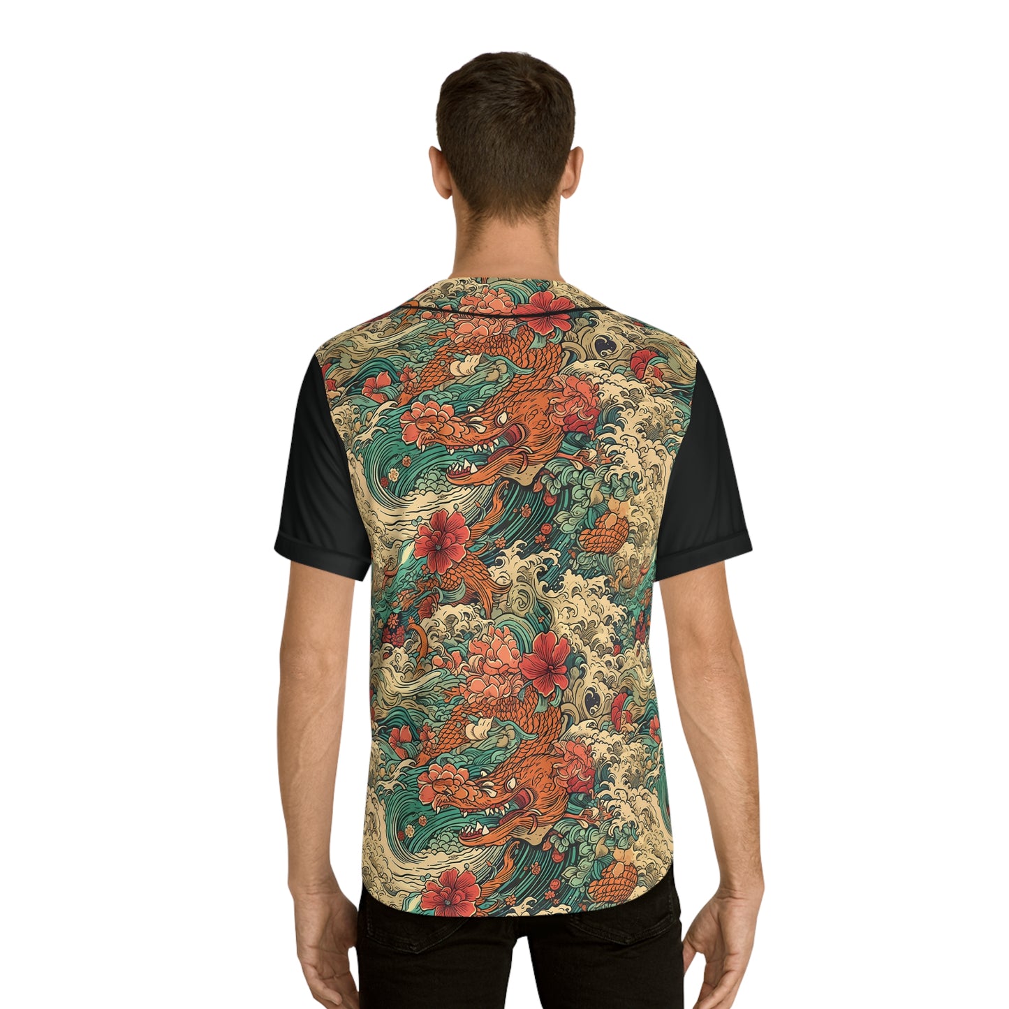 Dragon Wave Baseball Jersey - Vintage Asian Koi & Floral All-Over Print