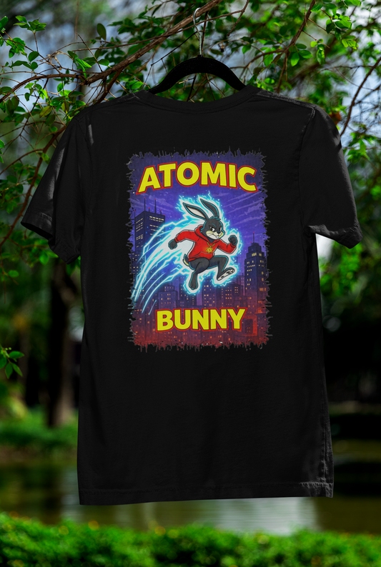 Atomic Bunny Graphic Tee - Retro Superhero Rabbit Shirt
