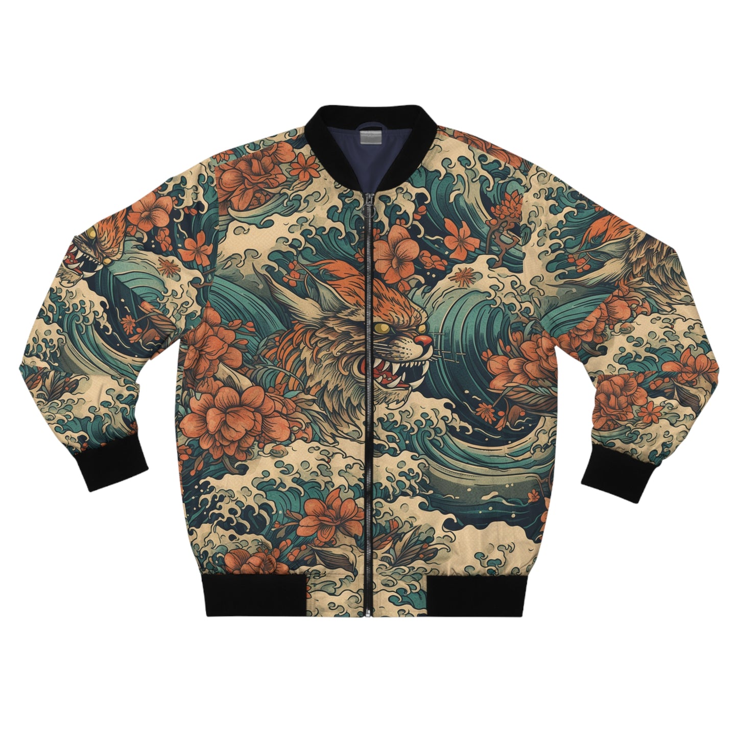 Koi Tiger Wave Bomber Jacket - Japanese Tattoo Style All-Over Print