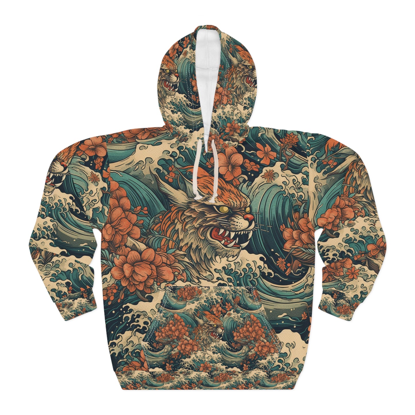 Tiger Wave All-Over Print Hoodie - Vintage Floral Japanese-Inspired Streetwear