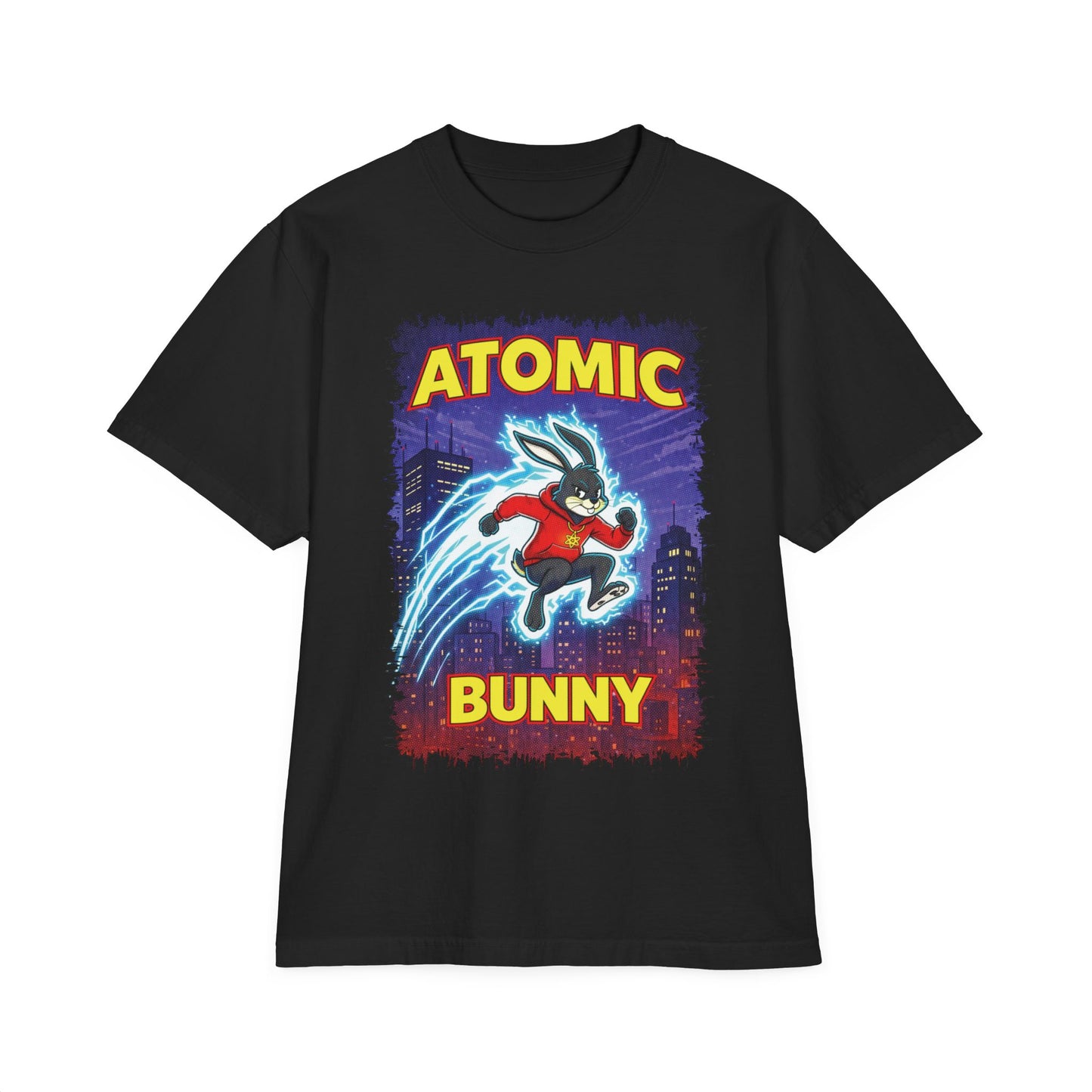 Atomic Bunny Graphic T-Shirt - Retro Superhero Rabbit Tee