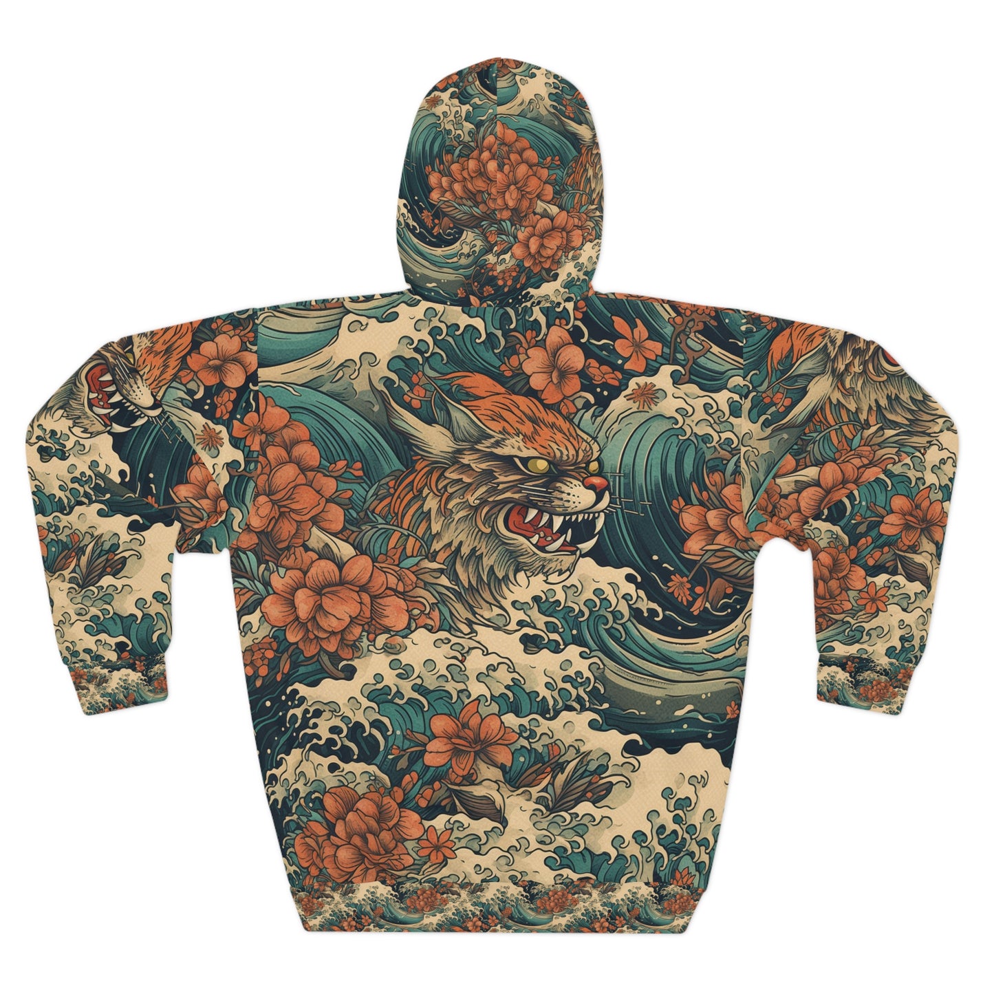 Tiger Wave All-Over Print Hoodie - Vintage Floral Japanese-Inspired Streetwear