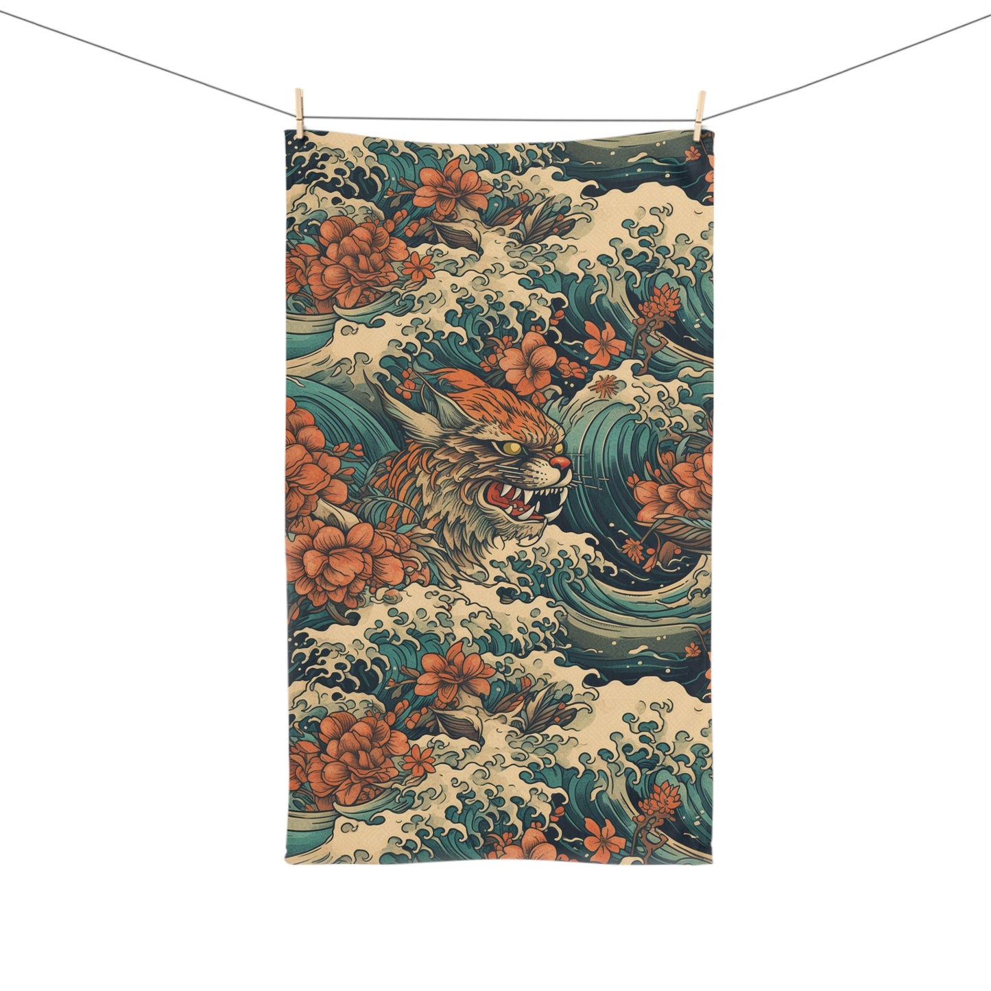 Tiger Wave Hand Towel - Japanese Floral Ocean Pattern