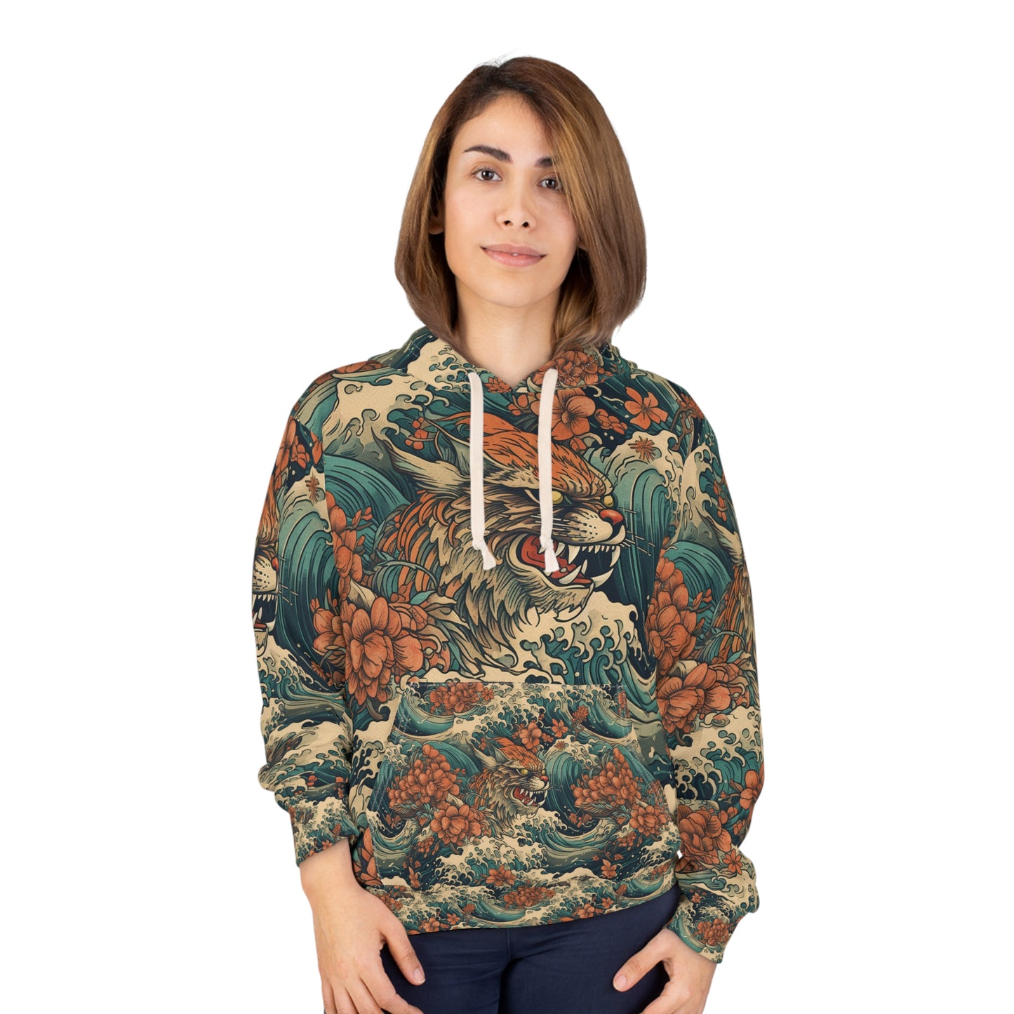 Tiger Wave All-Over Print Hoodie - Vintage Floral Japanese-Inspired Streetwear