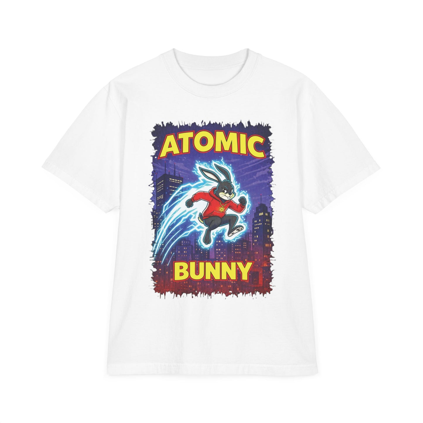 Atomic Bunny Graphic T-Shirt - Retro Superhero Rabbit Tee