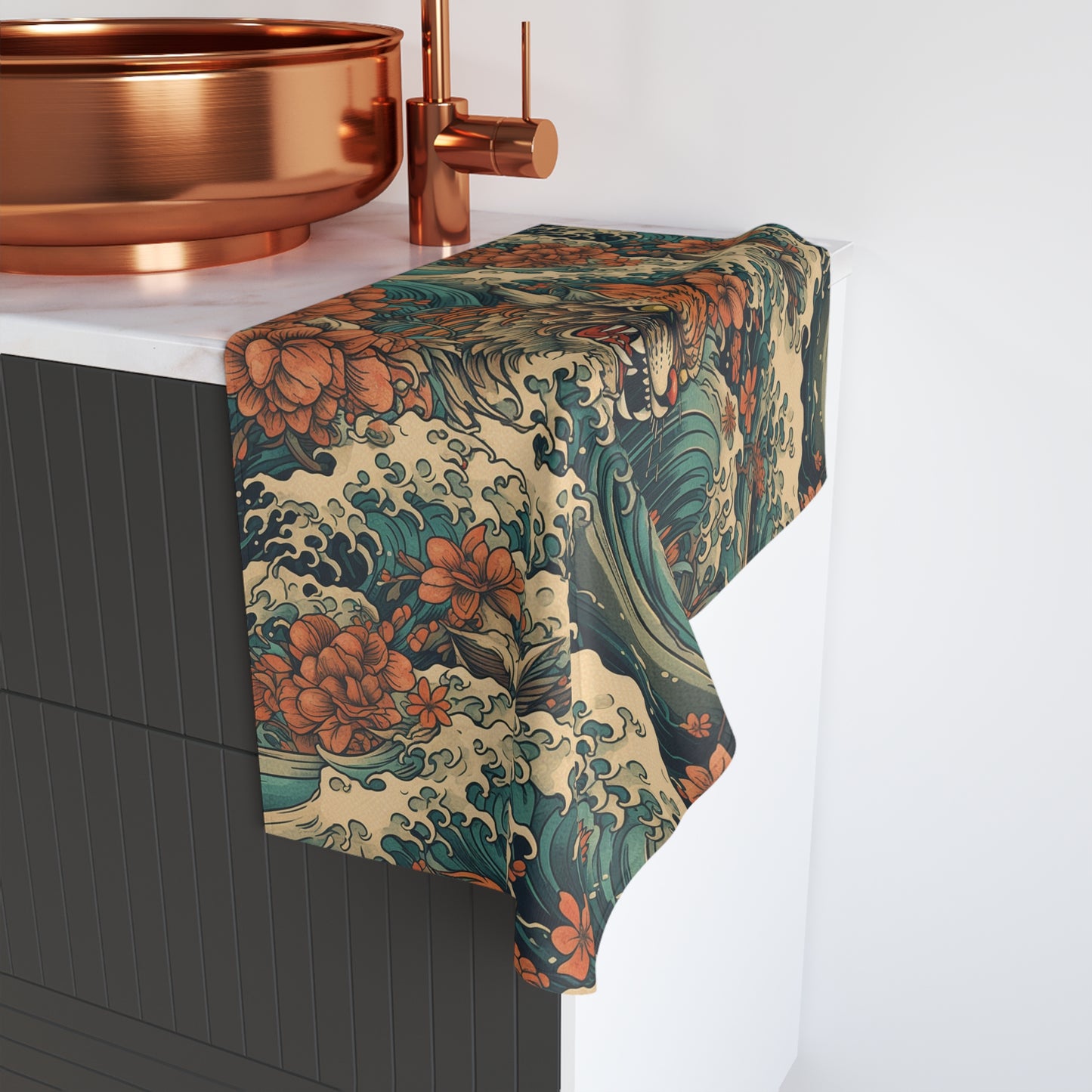 Tiger Wave Hand Towel - Japanese Floral Ocean Pattern