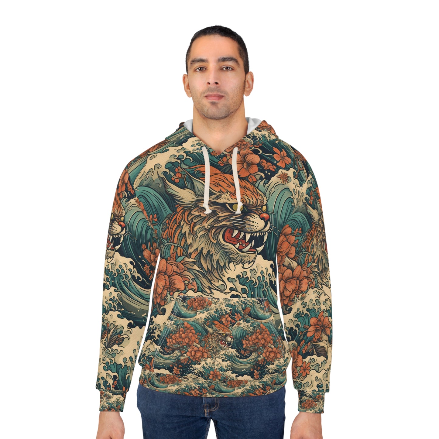 Tiger Wave All-Over Print Hoodie - Vintage Floral Japanese-Inspired Streetwear
