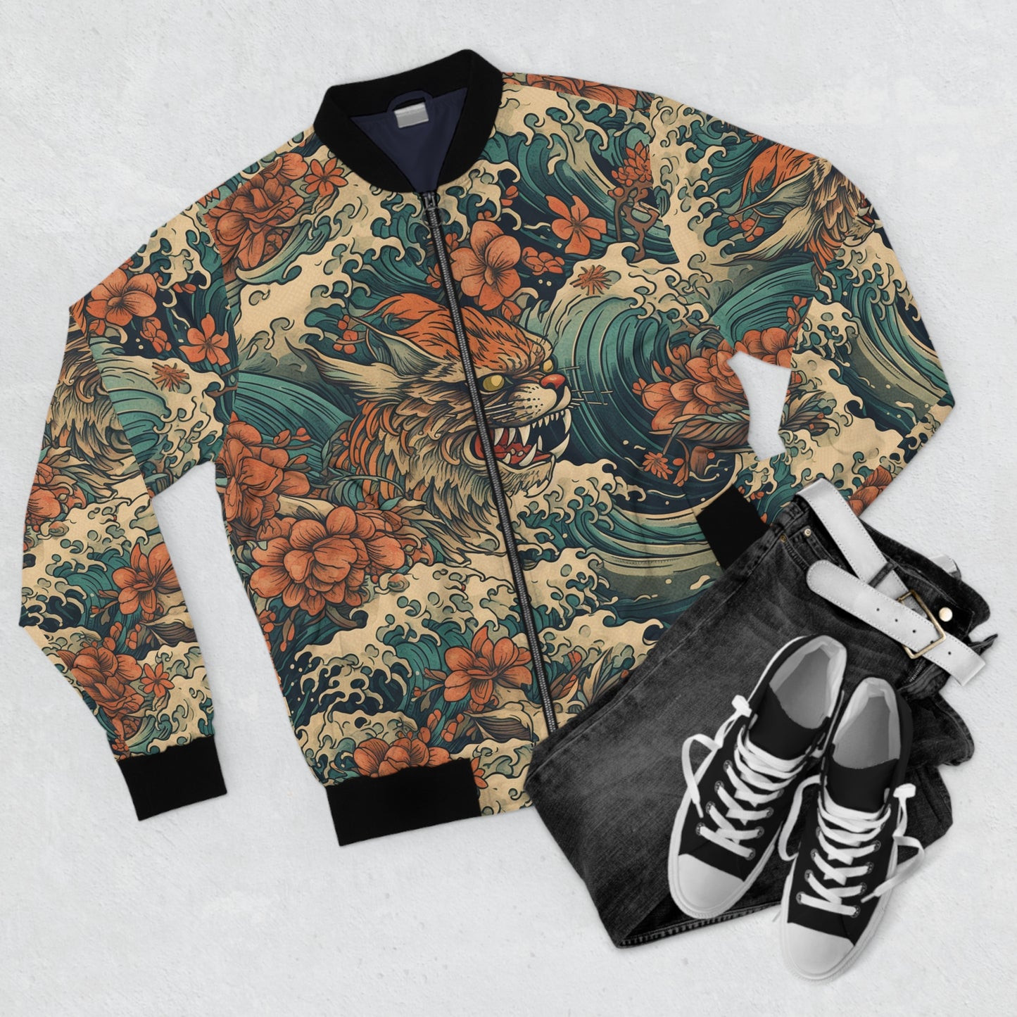 Koi Tiger Wave Bomber Jacket - Japanese Tattoo Style All-Over Print