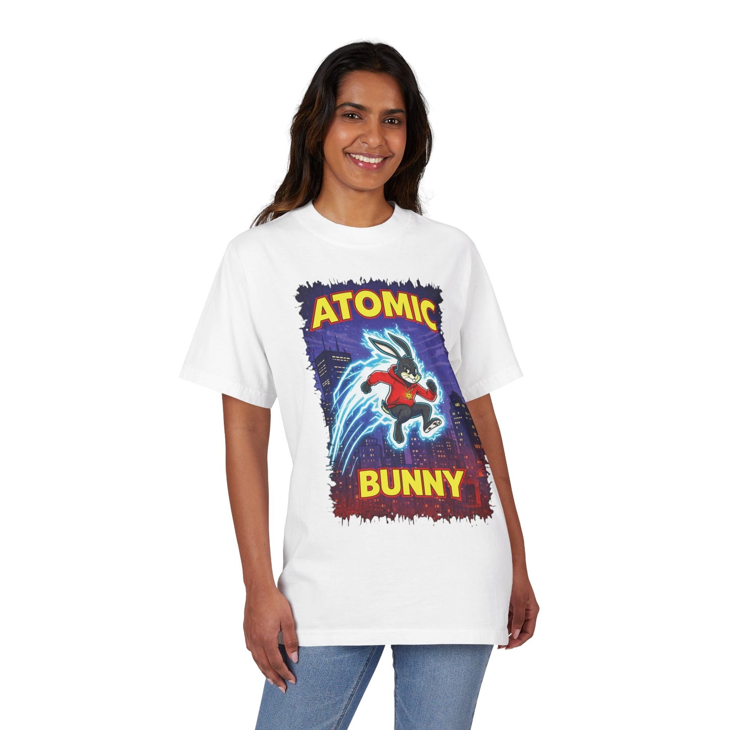 Atomic Bunny Graphic T-Shirt - Retro Superhero Rabbit Tee
