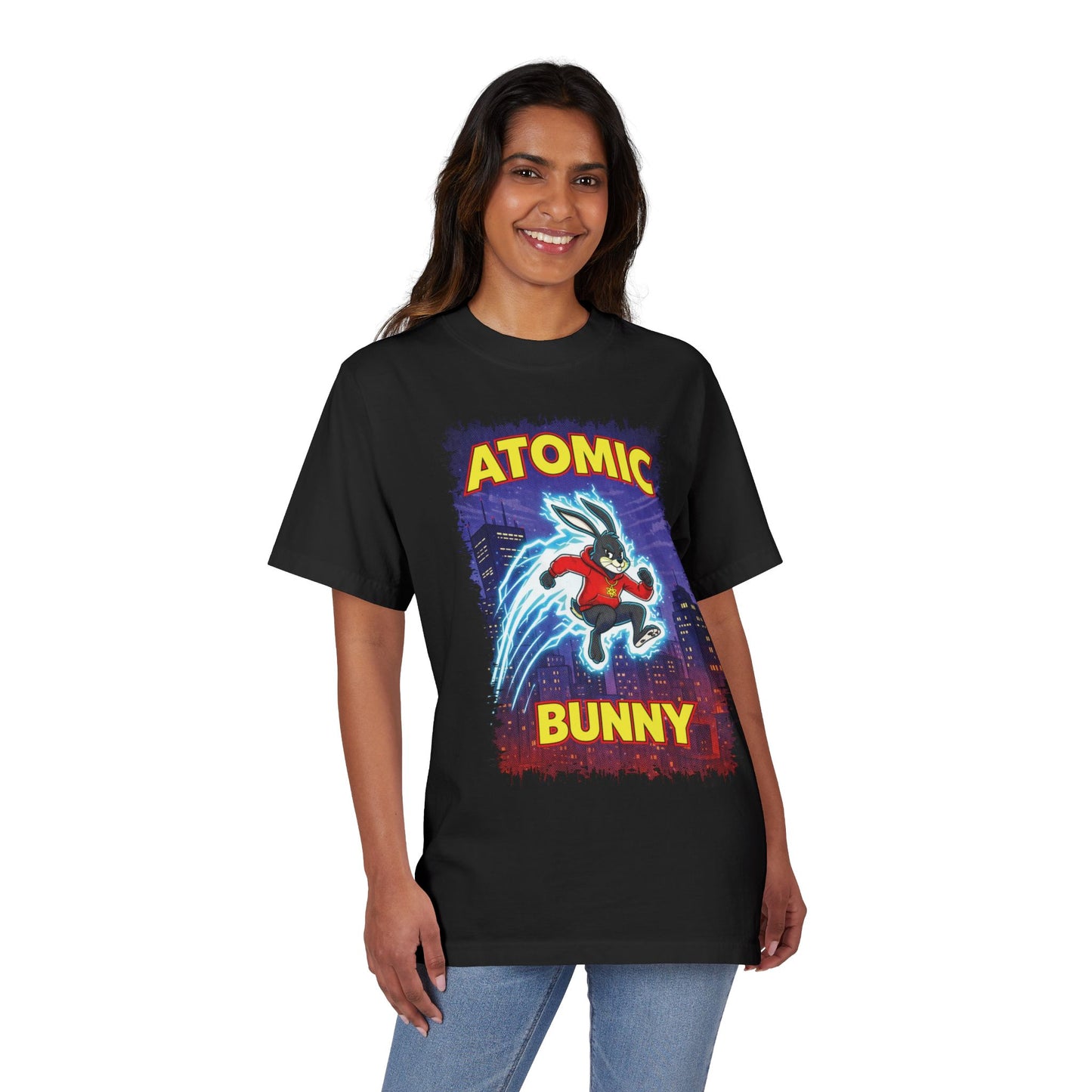 Atomic Bunny Graphic T-Shirt - Retro Superhero Rabbit Tee